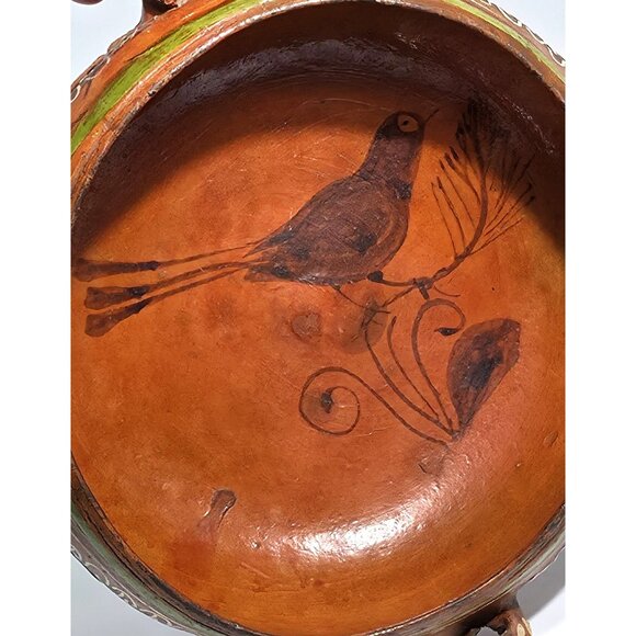 Handcrafted Vintage Folk Art Mexican Clay Pottery Bowl With Green White Accents - Picture 6 of 12
